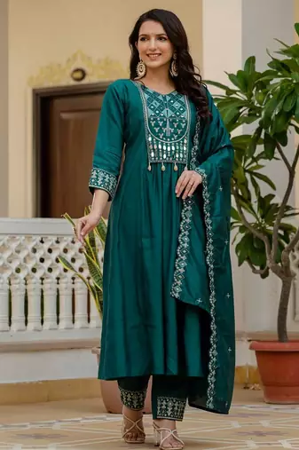 Teal Color Embroidery Thread With Real Mirror Hand Work Viscose Roman Silk Kurta Pent Set.