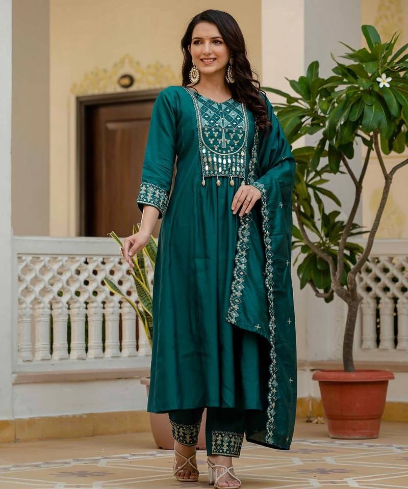 Teal Color Embroidery Thread With Real Mirror Hand Work Viscose Roman Silk Kurta pant Set.