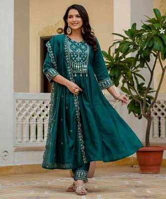 Teal Color Embroidery Thread With Real Mirror Hand Work Viscose Roman Silk Kurta Pent Set. 3