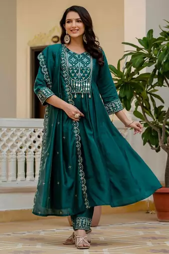 Teal Color Embroidery Thread With Real Mirror Hand Work Viscose Roman Silk Kurta Pent Set.
