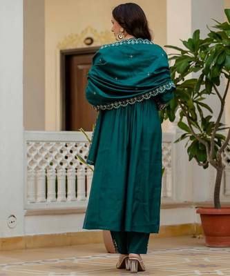 Teal Color Embroidery Thread With Real Mirror Hand Work Viscose Roman Silk Kurta Pent Set. 4