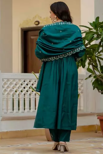 Teal Color Embroidery Thread With Real Mirror Hand Work Viscose Roman Silk Kurta Pent Set.
