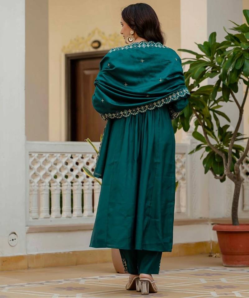 Teal Color Embroidery Thread With Real Mirror Hand Work Viscose Roman Silk Kurta pant Set.