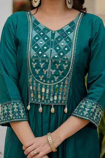 Teal Color Embroidery Thread With Real Mirror Hand Work Viscose Roman Silk Kurta Pent Set.