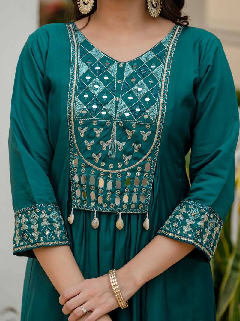 Teal Color Embroidery Thread With Real Mirror Hand Work Viscose Roman Silk Kurta pant Set.