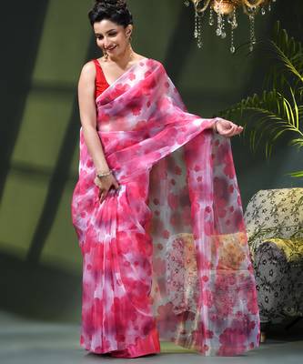 Women's printed organza sari trending rose leaf design fancy wedding saree for women 2