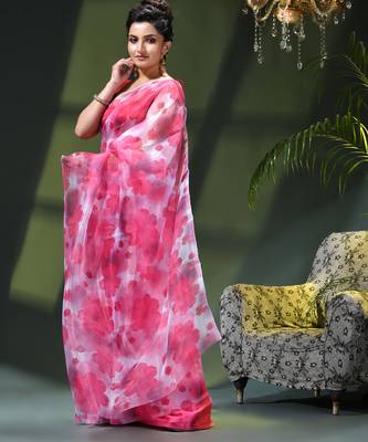 Women's printed organza sari trending rose leaf design fancy wedding saree for women 3