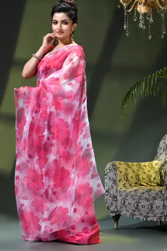 Women's printed organza sari trending rose leaf design fancy wedding saree for women