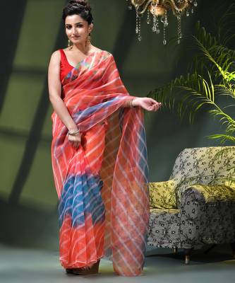 Women's printed organza sari trending rose leaf design fancy wedding saree for women 1