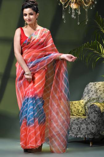 Women's printed organza sari trending rose leaf design fancy wedding saree for women