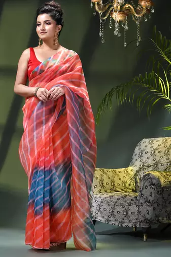 Women's printed organza sari trending rose leaf design fancy wedding saree for women