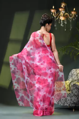 Women's printed organza sari trending rose leaf design fancy wedding saree for women