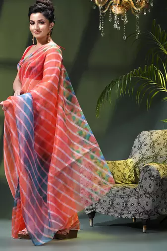 Women's printed organza sari trending rose leaf design fancy wedding saree for women