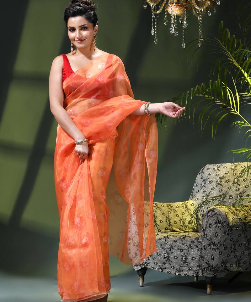 Women's printed organza sari trending rose leaf design fancy wedding saree for women