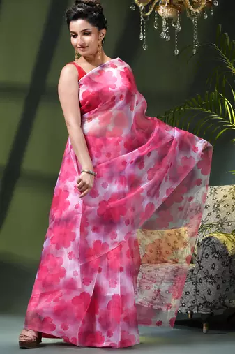 Women's printed organza sari trending rose leaf design fancy wedding saree for women