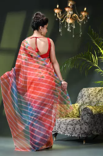 Women's printed organza sari trending rose leaf design fancy wedding saree for women