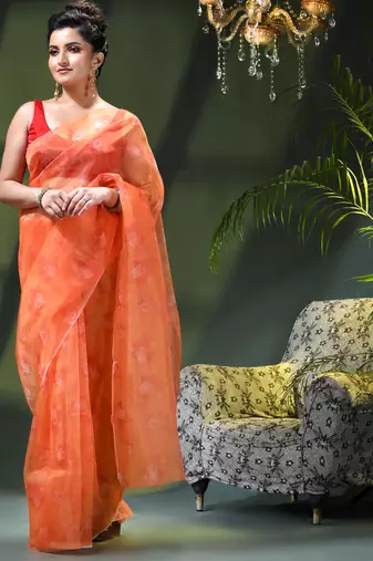 Women's printed organza sari trending rose leaf design fancy wedding saree for women
