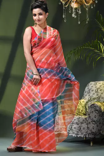 Women's printed organza sari trending rose leaf design fancy wedding saree for women