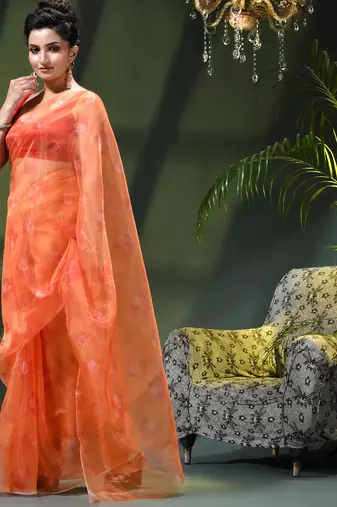 Women's printed organza sari trending rose leaf design fancy wedding saree for women