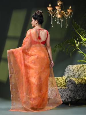 Women's printed organza sari trending rose leaf design fancy wedding saree for women 4
