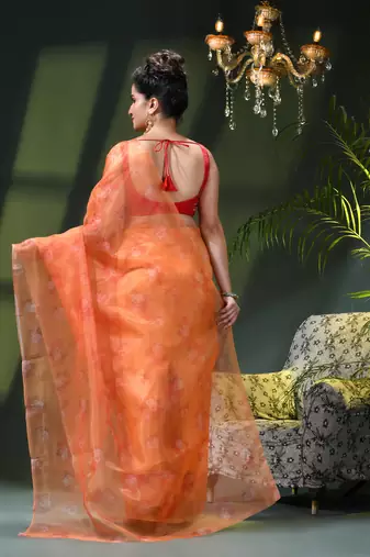 Women's printed organza sari trending rose leaf design fancy wedding saree for women