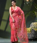 Women's printed organza sari trending rose leaf design fancy wedding saree for women
