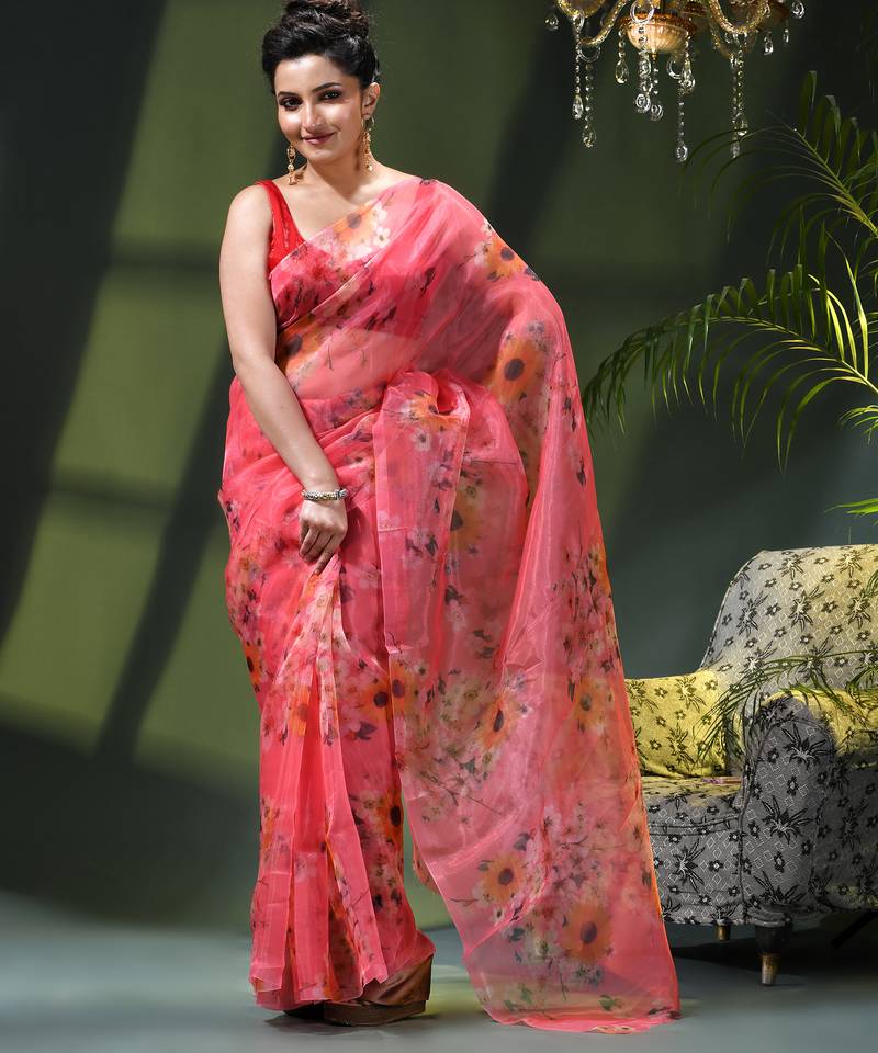 Women's printed organza sari trending rose leaf design fancy wedding saree for women