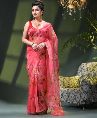 Women's printed organza sari trending rose leaf design fancy wedding saree for women 2