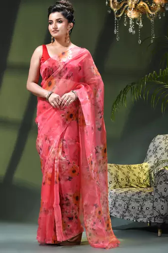 Women's printed organza sari trending rose leaf design fancy wedding saree for women