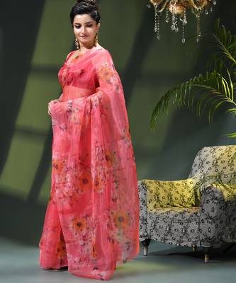 Women's printed organza sari trending rose leaf design fancy wedding saree for women 3