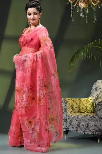 Women's printed organza sari trending rose leaf design fancy wedding saree for women