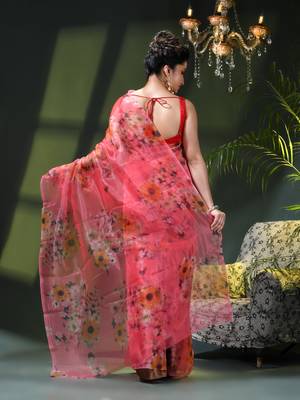 Women's printed organza sari trending rose leaf design fancy wedding saree for women 4