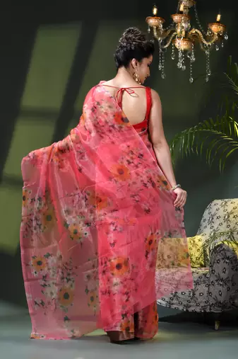 Women's printed organza sari trending rose leaf design fancy wedding saree for women