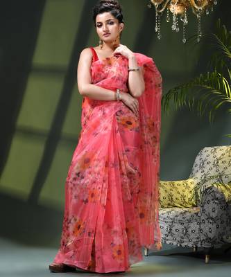 Women's printed organza sari trending rose leaf design fancy wedding saree for women 5