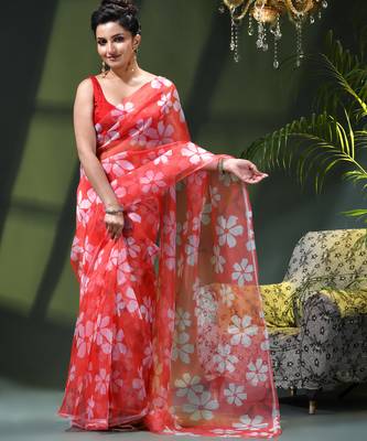 Women's printed organza sari trending rose leaf design fancy wedding saree for women 1
