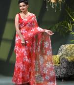 Women's printed organza sari trending rose leaf design fancy wedding saree for women