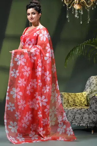 Women's printed organza sari trending rose leaf design fancy wedding saree for women