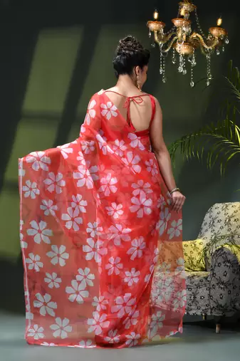 Women's printed organza sari trending rose leaf design fancy wedding saree for women