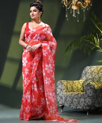 Women's printed organza sari trending rose leaf design fancy wedding saree for women 4