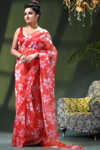 Women's printed organza sari trending rose leaf design fancy wedding saree for women