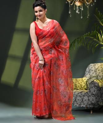 Women's printed organza sari trending rose leaf design fancy wedding saree for women 1