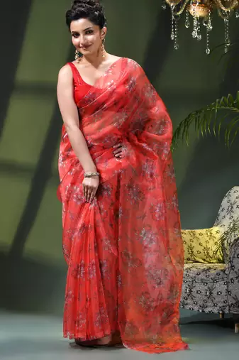 Women's printed organza sari trending rose leaf design fancy wedding saree for women