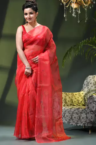 Women's printed organza sari trending rose leaf design fancy wedding saree for women