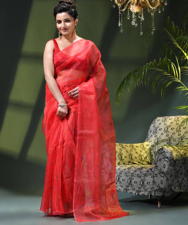 Women's printed organza sari trending rose leaf design fancy wedding saree for women