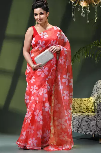 Women's printed organza sari trending rose leaf design fancy wedding saree for women