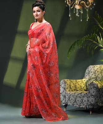 Women's printed organza sari trending rose leaf design fancy wedding saree for women 2