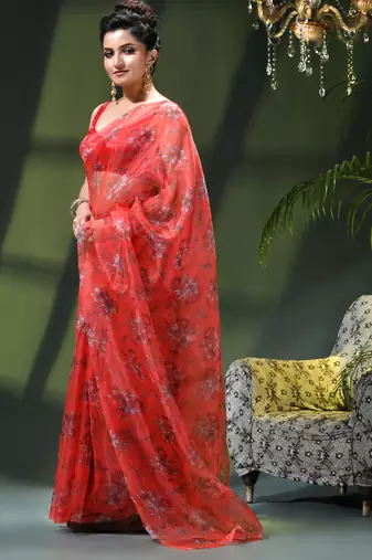 Women's printed organza sari trending rose leaf design fancy wedding saree for women