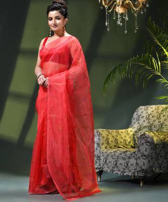 Women's printed organza sari trending rose leaf design fancy wedding saree for women 2