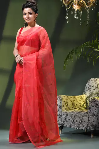 Women's printed organza sari trending rose leaf design fancy wedding saree for women