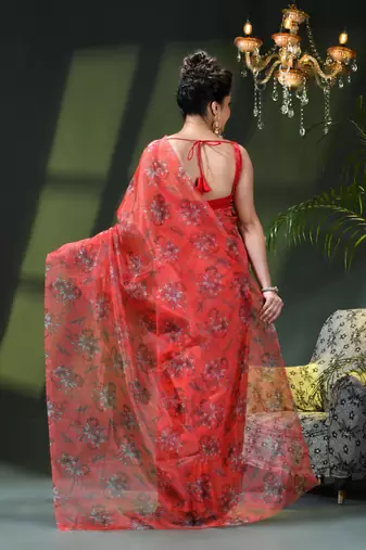 Women's printed organza sari trending rose leaf design fancy wedding saree for women